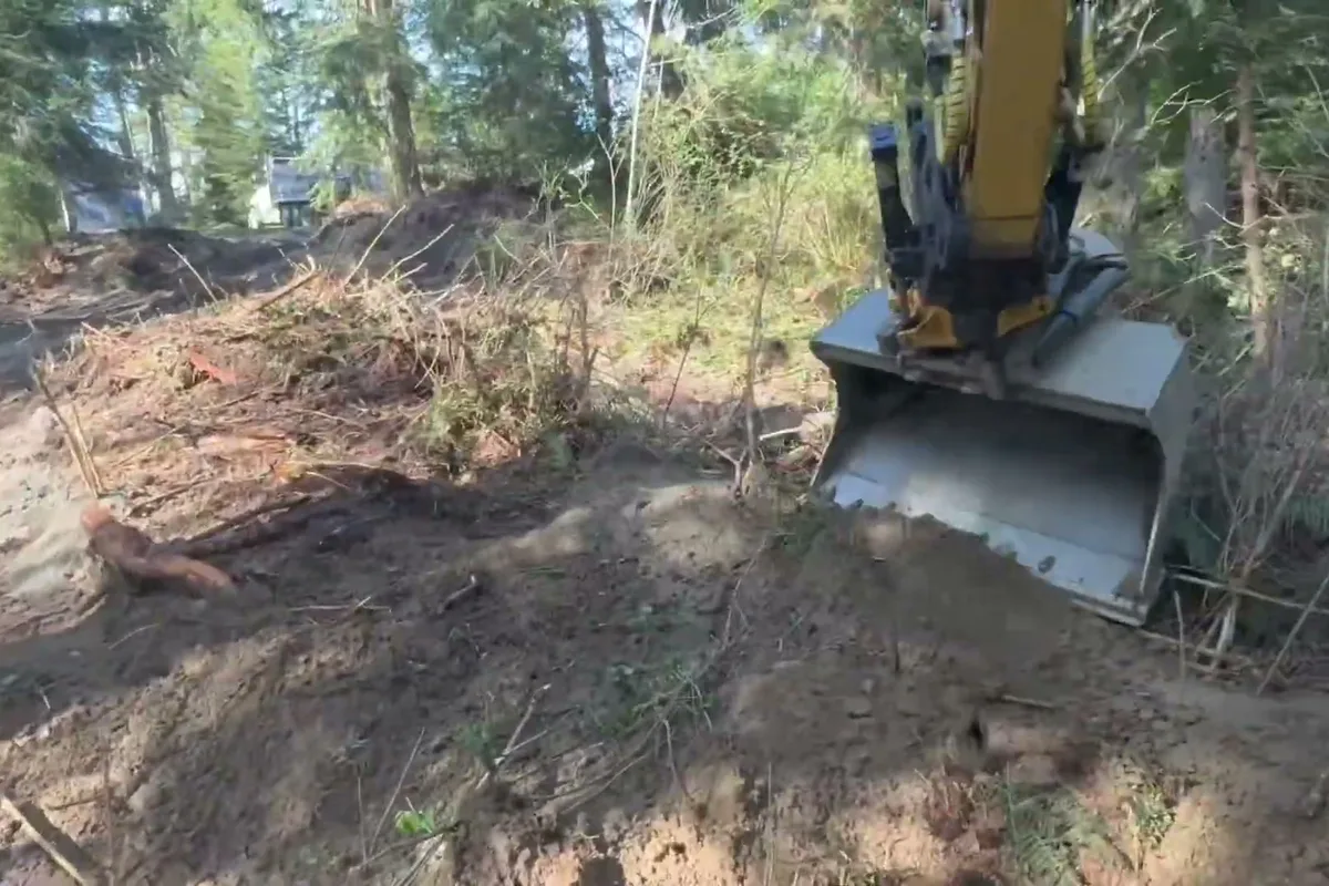 Excavator bucket working brush and roots out of the ground with the dump truck waiting